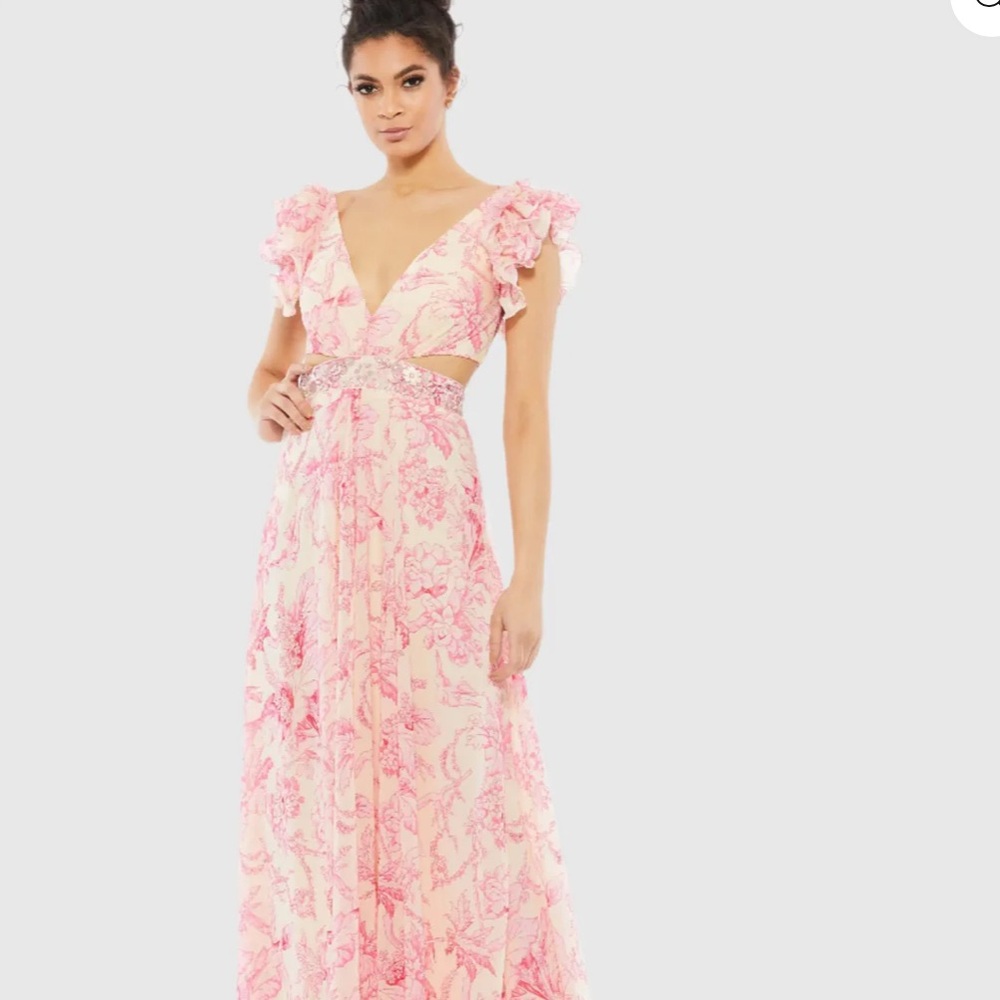 Mac Duggal 9161 Pink Floral Print Ruffle Shoulder Lace Up Gown Size 12